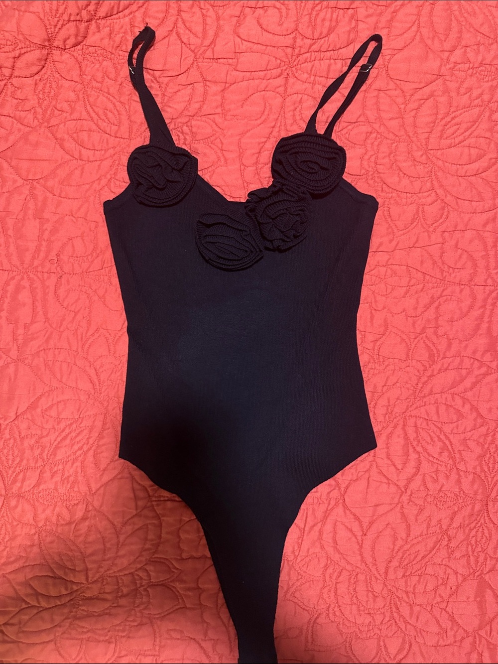 Black Floral-Appliqué Bodysuit with Adjustable Straps